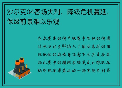 沙尔克04客场失利，降级危机蔓延，保级前景难以乐观